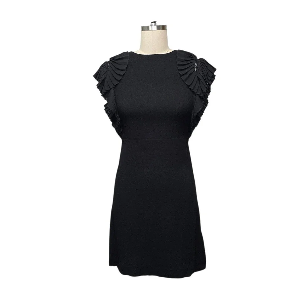 Maje Black Pleated Ruffle Cap Sleeve Mini Dress Size 1 US Small LBD Cocktail